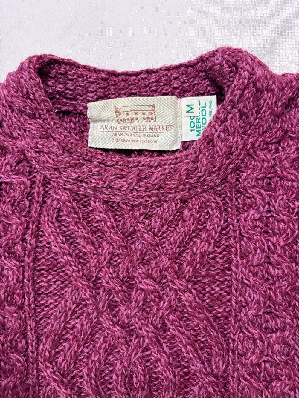 Aran Sweater Market Women's Cable Crewneck Sweater - Raspberry